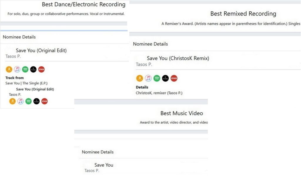 “Save You” του Tasos P. για Grammy Award – Στον πρώτο γύρο ψηφοφορίας για υποψηφιότητα