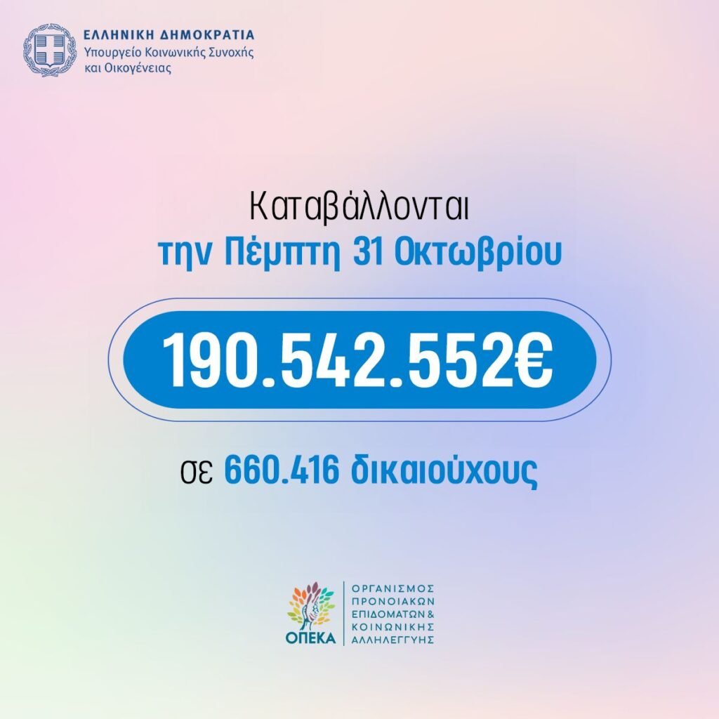 ΟΠΕΚΑ: Την Πέμπτη 31/10 καταβάλλονται τα επιδόματα Οκτωβρίου σε 660.416 δικαιούχους