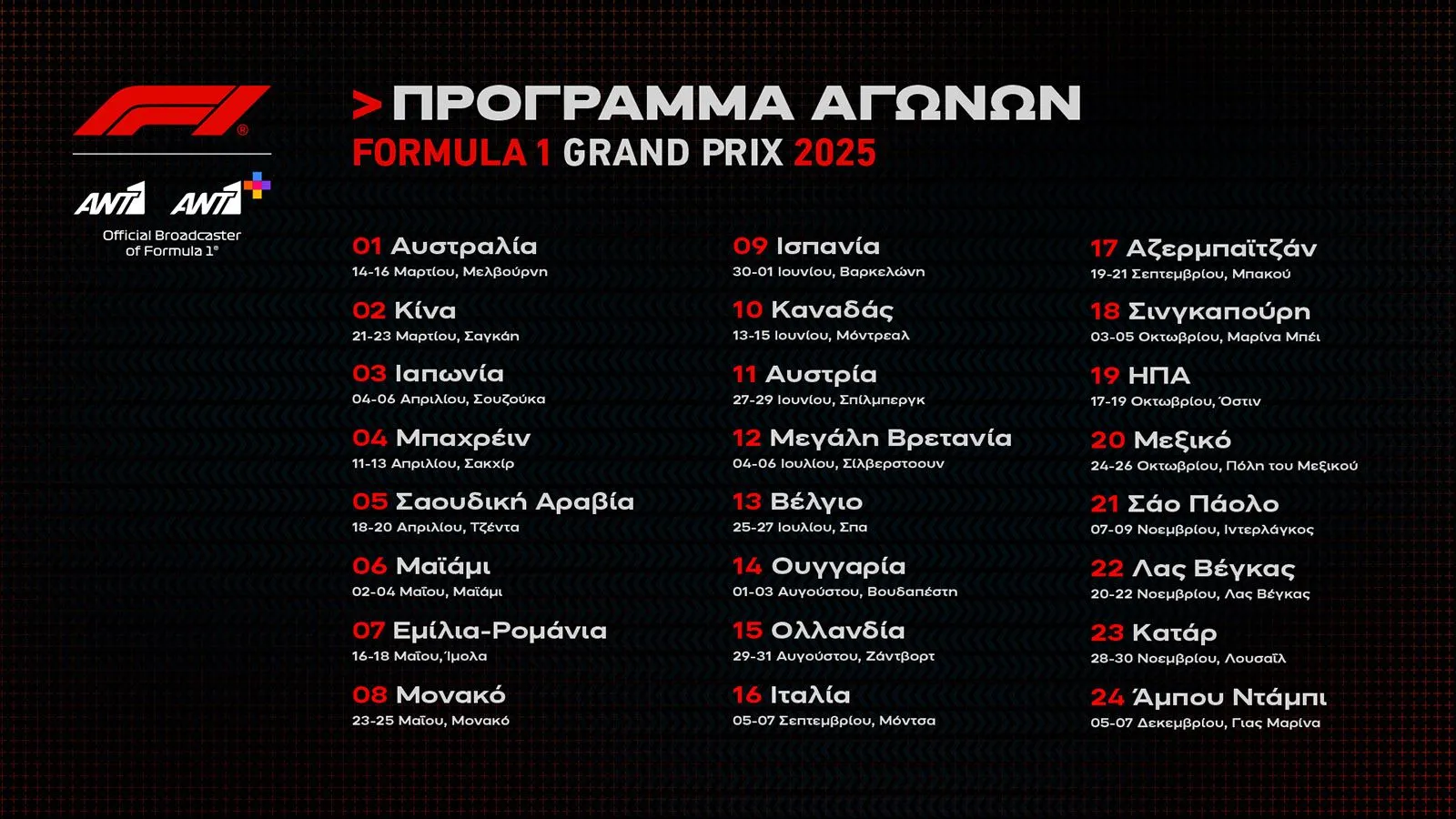 Πρεμιέρα την Κυριακή 16 Μαρτίου με το 1ο Grand Prix στην Αυστραλία ζωντανά σε ΑΝΤ1 και ΑΝΤ1+